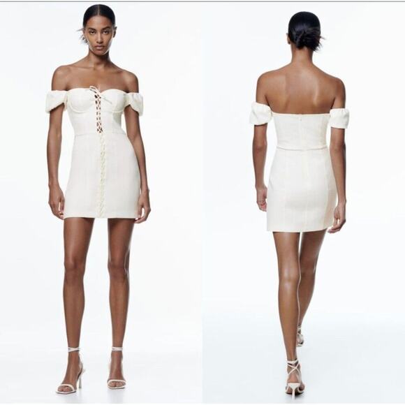 ZARA Off The Shoulder Puff Sleeves Mini Dress With Detail L - Picture 2 of 11